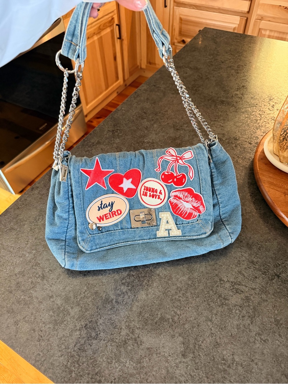 Denim Patchwork Shoulder Bag with Chain Strap - Blue